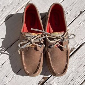 Sperry Top Sider Boat Shoes in Tan Leather with Peach Sequins 5M